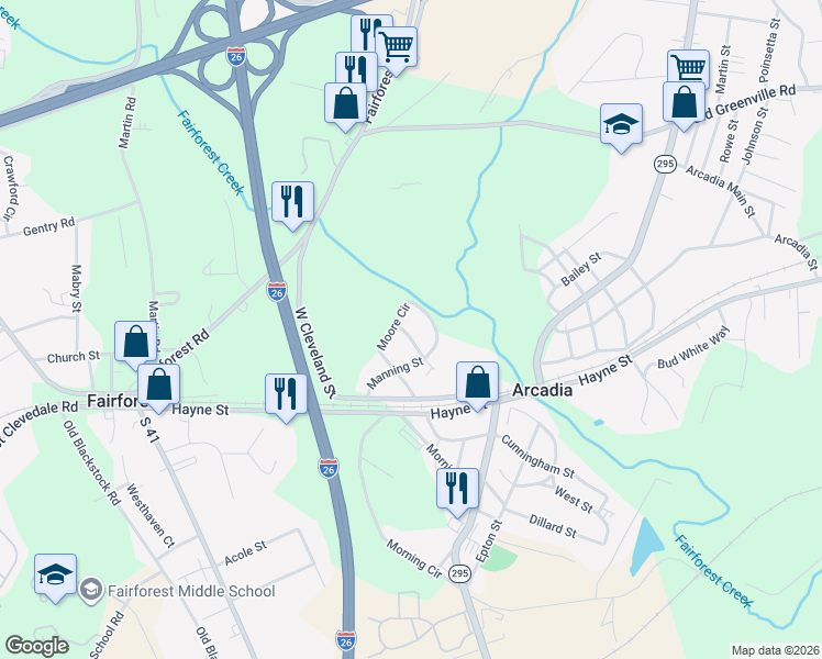 map of restaurants, bars, coffee shops, grocery stores, and more near 131 Ligon Street in Arcadia