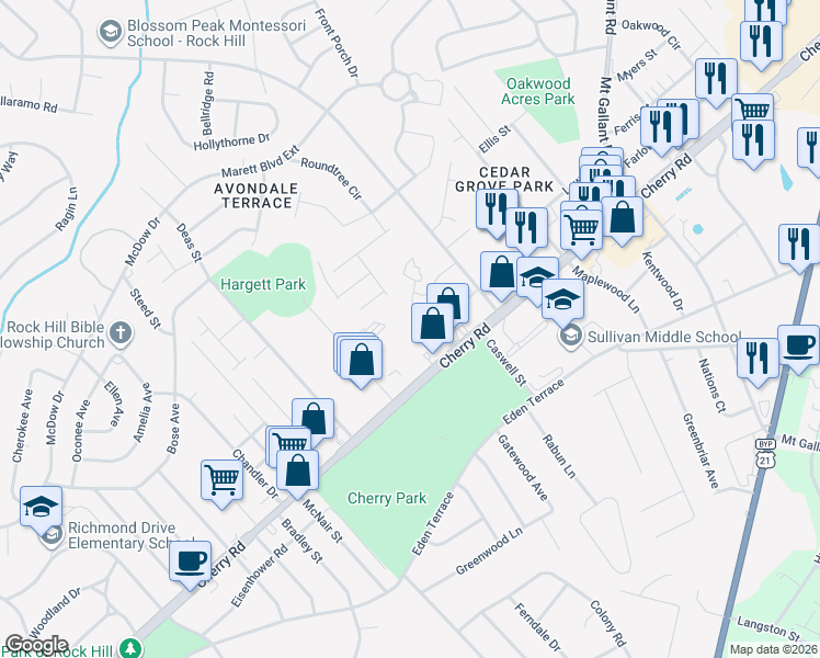 map of restaurants, bars, coffee shops, grocery stores, and more near 1770 Northgate Lane in Rock Hill