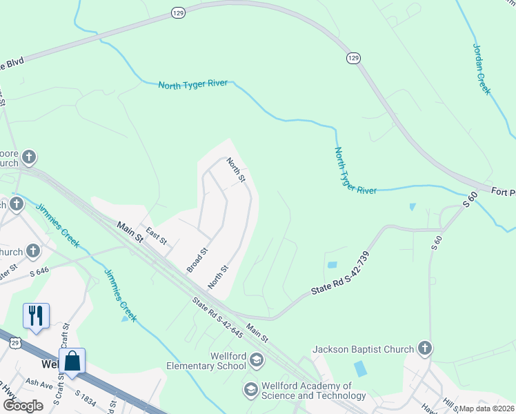 map of restaurants, bars, coffee shops, grocery stores, and more near 140 North Street in Wellford
