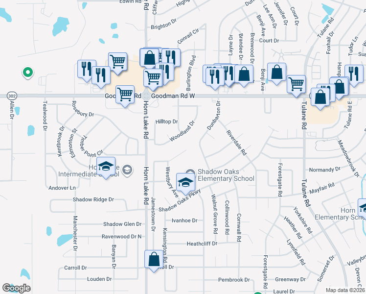 map of restaurants, bars, coffee shops, grocery stores, and more near 3700 Ramblewood Drive in Horn Lake