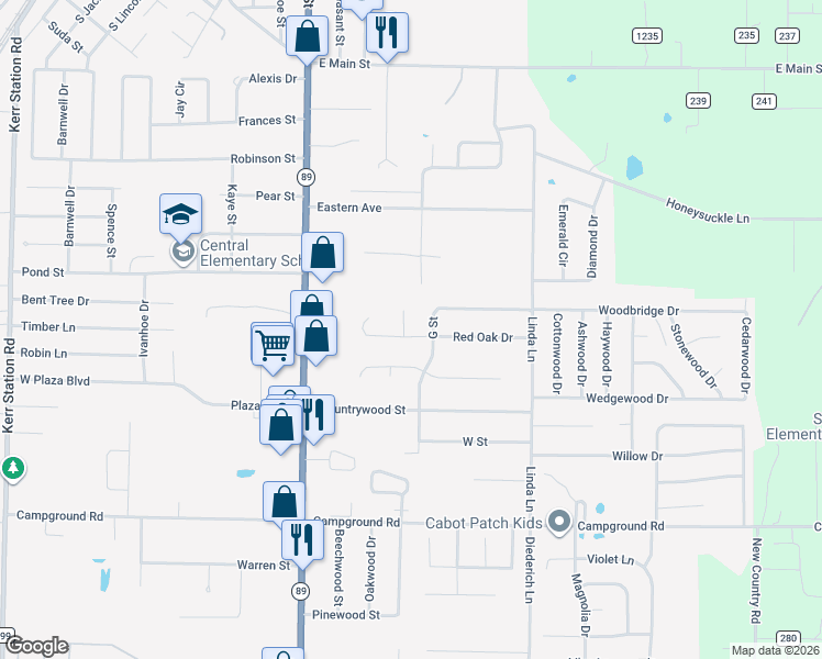 map of restaurants, bars, coffee shops, grocery stores, and more near 34 Red Oak Drive in Cabot