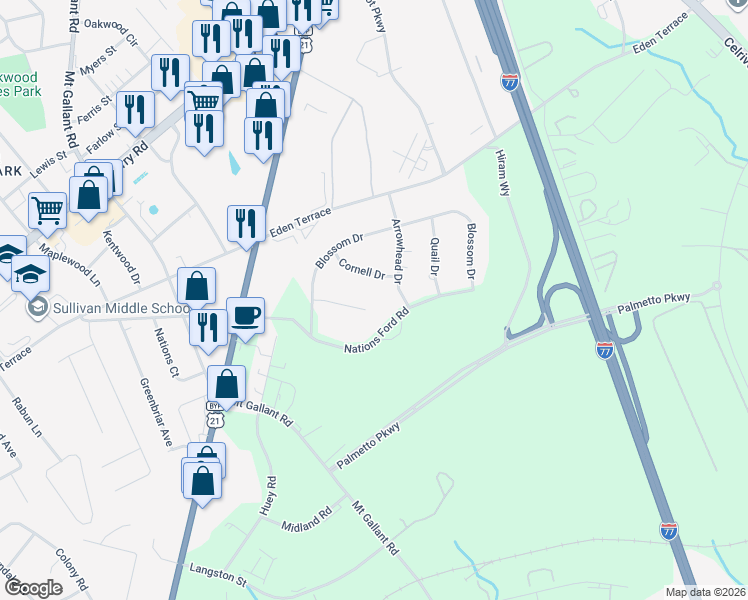 map of restaurants, bars, coffee shops, grocery stores, and more near 2259 Shamrock Ct in Rock Hill