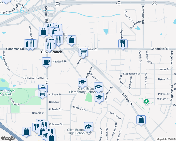 map of restaurants, bars, coffee shops, grocery stores, and more near 6775 Blocker Street in Olive Branch