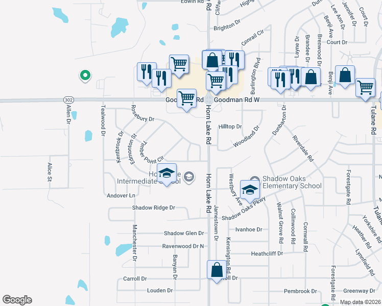 map of restaurants, bars, coffee shops, grocery stores, and more near 6753 Hunter's Crossing Road in Horn Lake