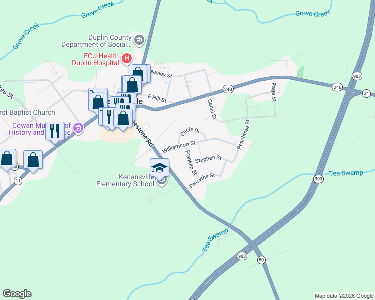 map of restaurants, bars, coffee shops, grocery stores, and more near 306 Franklin Street in Kenansville
