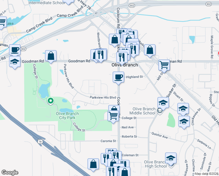 map of restaurants, bars, coffee shops, grocery stores, and more near 6782 Whooper Swan Dr in Olive Branch