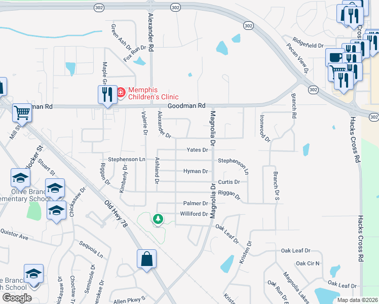 map of restaurants, bars, coffee shops, grocery stores, and more near 10177 Yates Drive in Olive Branch