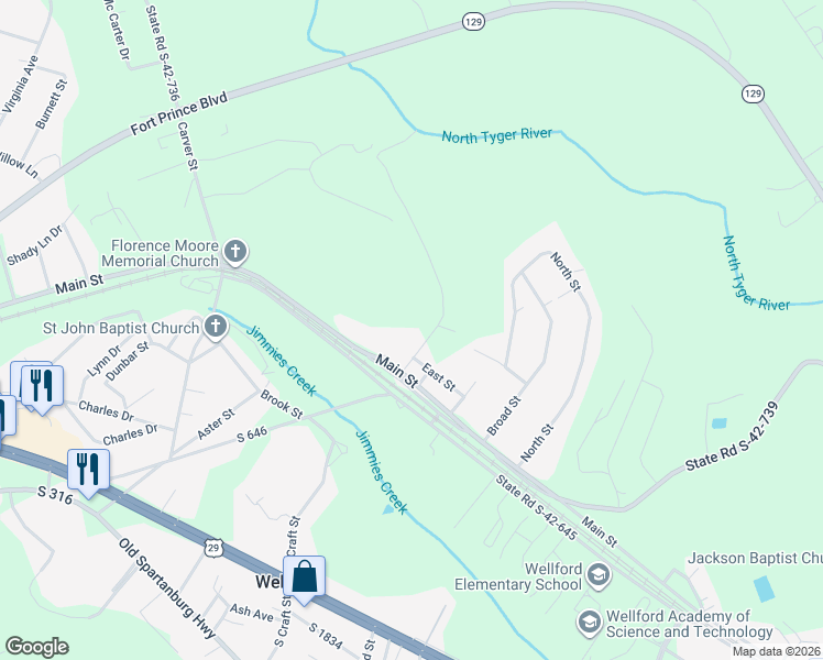 map of restaurants, bars, coffee shops, grocery stores, and more near 35 Simmons Court in Wellford