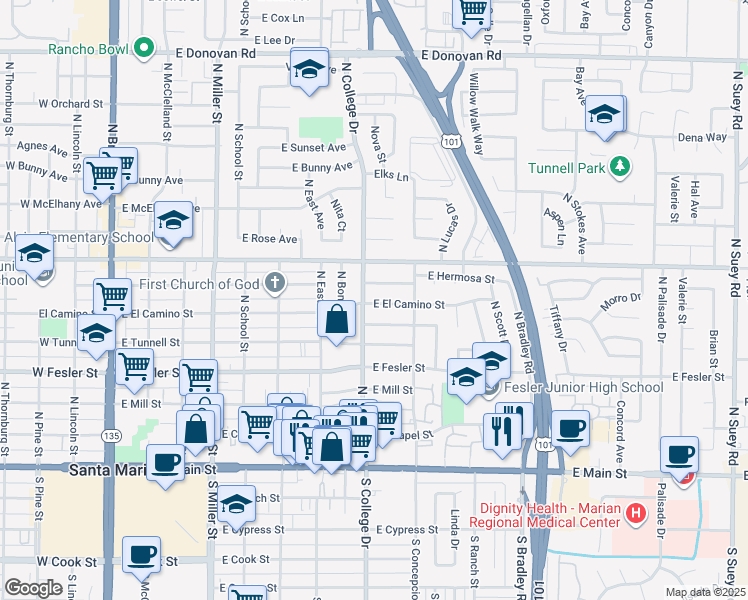 map of restaurants, bars, coffee shops, grocery stores, and more near 809 E El Camino St in Santa Maria