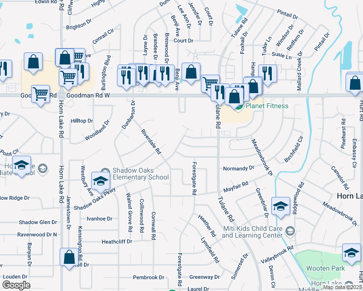 map of restaurants, bars, coffee shops, grocery stores, and more near 3437 Laurelwood Drive in Horn Lake