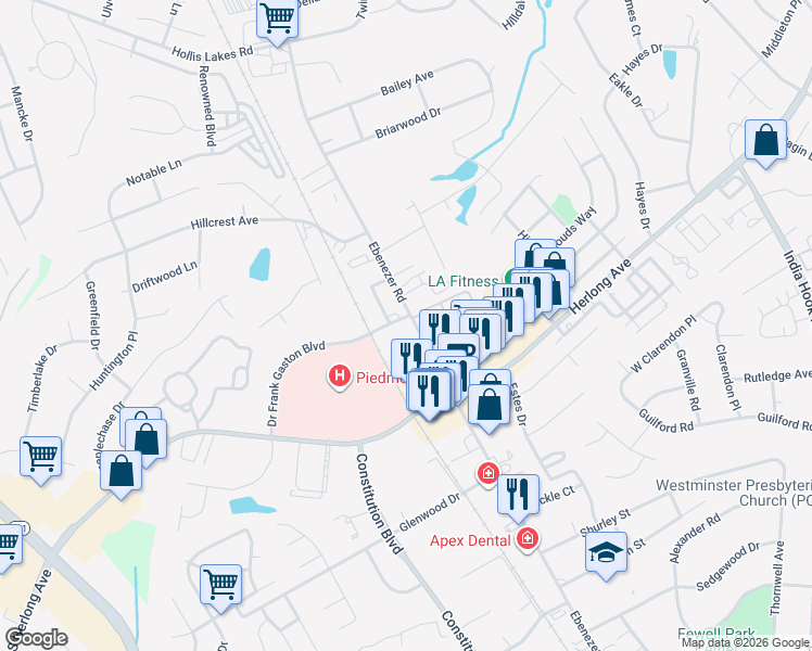 map of restaurants, bars, coffee shops, grocery stores, and more near 1773 Ebenezer Road in Rock Hill