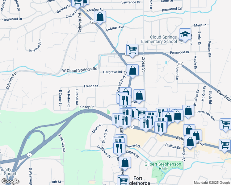 map of restaurants, bars, coffee shops, grocery stores, and more near 103 Christ Street in Fort Oglethorpe