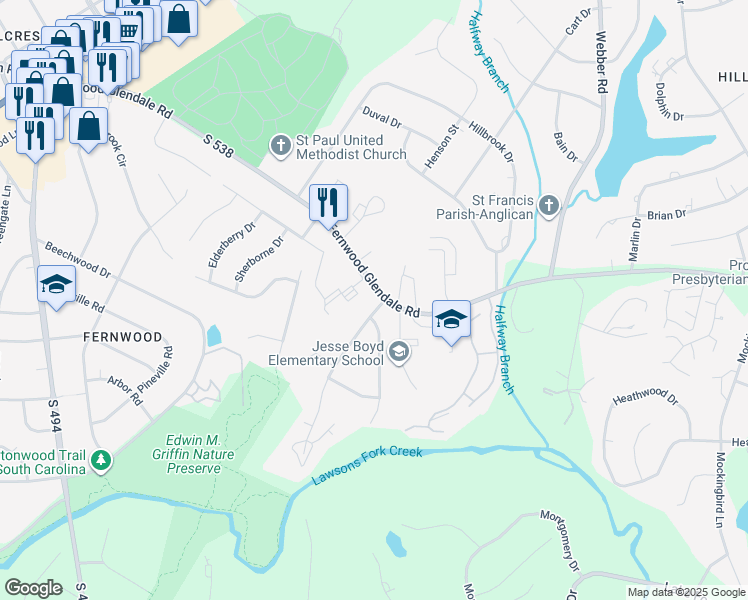 map of restaurants, bars, coffee shops, grocery stores, and more near 1475 Fernwood Glendale Road in Spartanburg