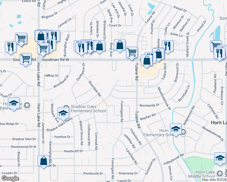 map of restaurants, bars, coffee shops, grocery stores, and more near 3429 Laurelwood Drive in Horn Lake