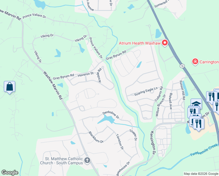 map of restaurants, bars, coffee shops, grocery stores, and more near 3013 Arsdale Road in Waxhaw