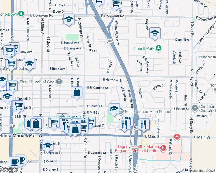 map of restaurants, bars, coffee shops, grocery stores, and more near 923 East El Camino Street in Santa Maria