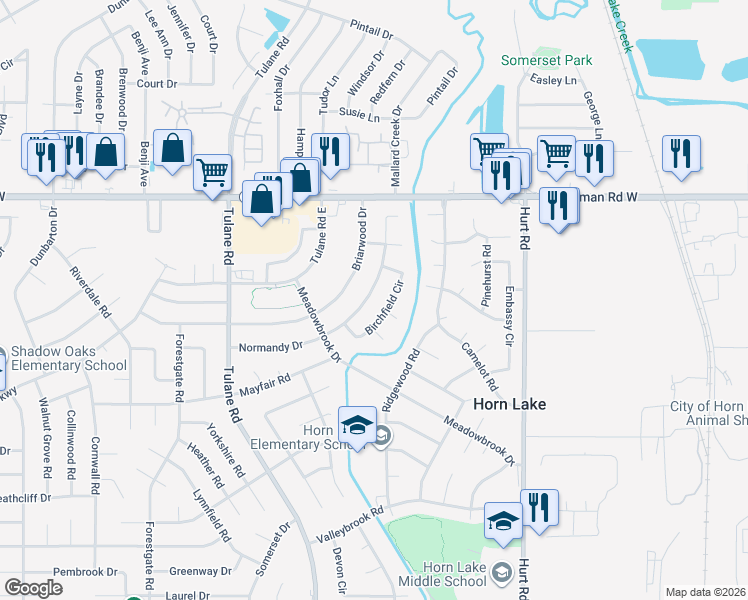 map of restaurants, bars, coffee shops, grocery stores, and more near 2889 Normandy Drive in Horn Lake