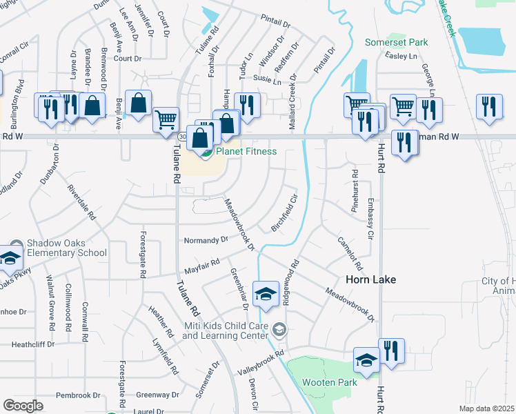 map of restaurants, bars, coffee shops, grocery stores, and more near 2905 Briarwood Drive in Horn Lake