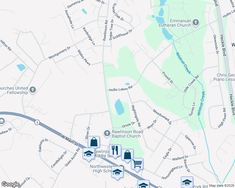 map of restaurants, bars, coffee shops, grocery stores, and more near 975 Hollis Lakes Road in Rock Hill