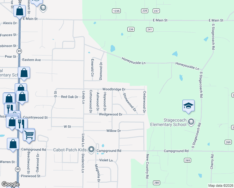 map of restaurants, bars, coffee shops, grocery stores, and more near 12 Applewood Cove in Cabot