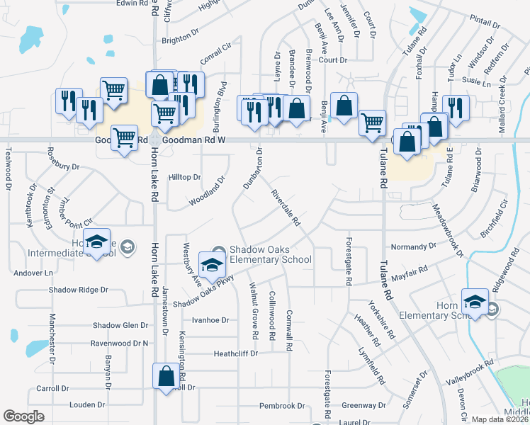 map of restaurants, bars, coffee shops, grocery stores, and more near 3520 Dorchester Drive in Horn Lake