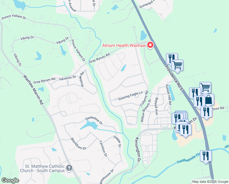 map of restaurants, bars, coffee shops, grocery stores, and more near 8612 Whitehawk Hill Road in Waxhaw