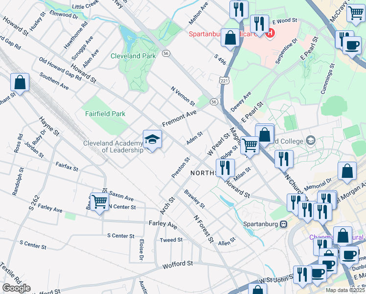 map of restaurants, bars, coffee shops, grocery stores, and more near 700 Howard Street in Spartanburg