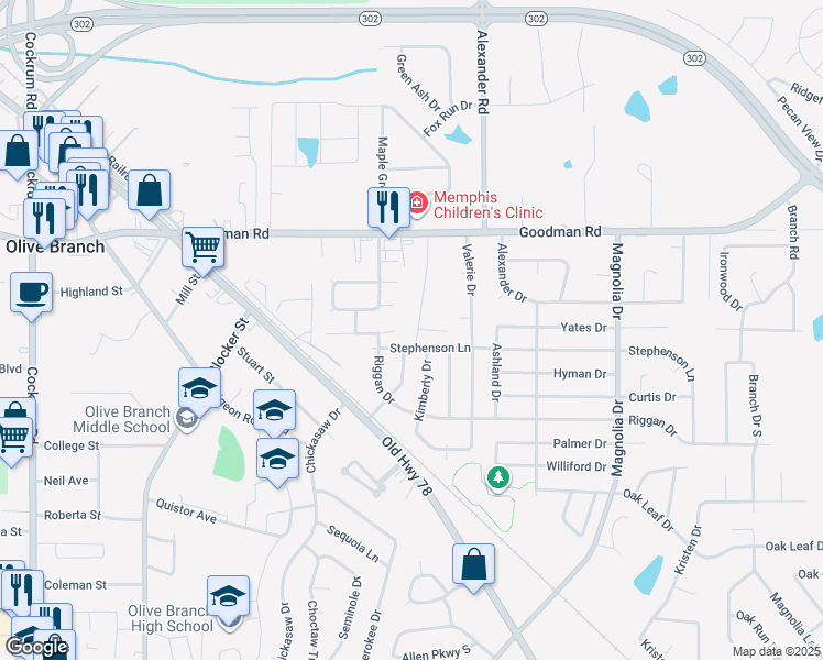 map of restaurants, bars, coffee shops, grocery stores, and more near 6783 Maury Drive in Olive Branch