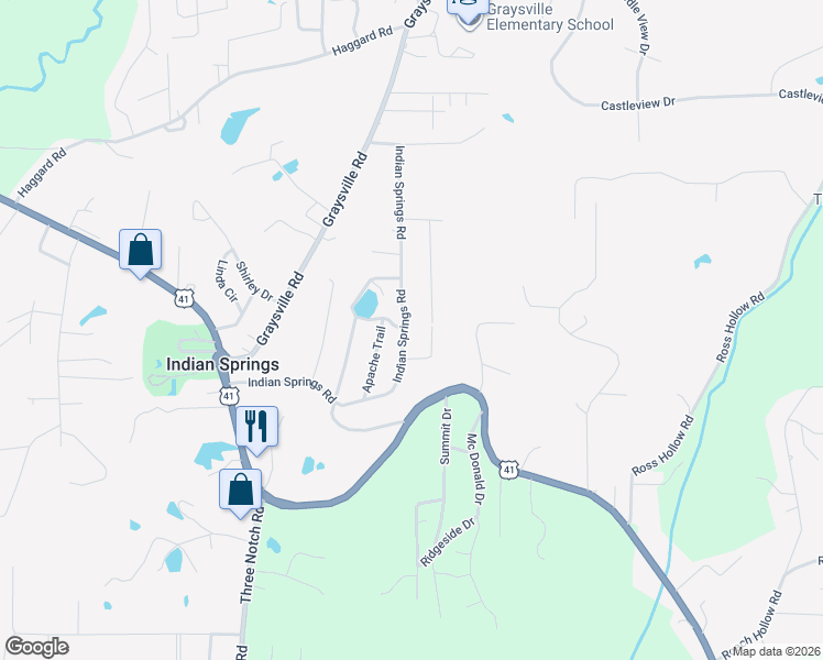 map of restaurants, bars, coffee shops, grocery stores, and more near 541 Indian Springs Road in Ringgold