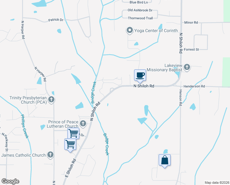 map of restaurants, bars, coffee shops, grocery stores, and more near 4602 North Shiloh Road in Corinth