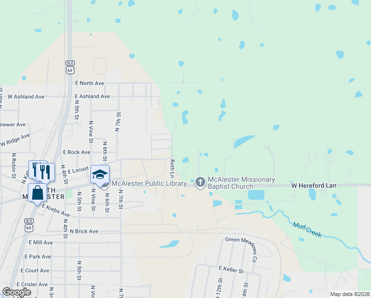 map of restaurants, bars, coffee shops, grocery stores, and more near 138 East 7th Street in McAlester