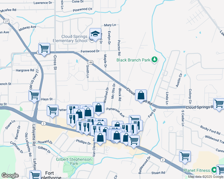 map of restaurants, bars, coffee shops, grocery stores, and more near 72 Mc Otis Drive in Fort Oglethorpe