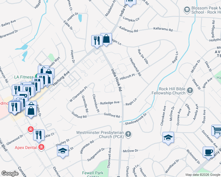 map of restaurants, bars, coffee shops, grocery stores, and more near 261 Lone Oak Circle in Rock Hill