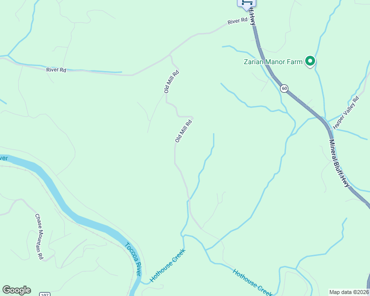 map of restaurants, bars, coffee shops, grocery stores, and more near 619 Old Mill Road in Mineral Bluff