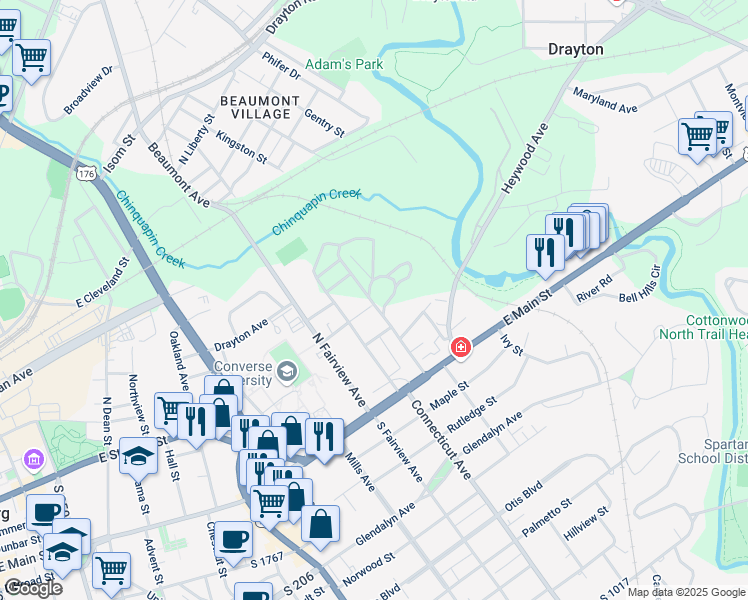 map of restaurants, bars, coffee shops, grocery stores, and more near 191 Oakwood Avenue in Spartanburg