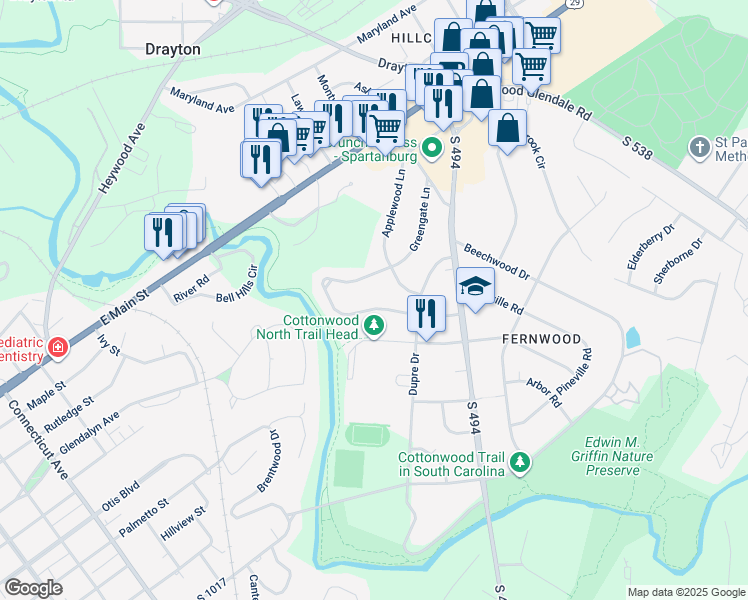 map of restaurants, bars, coffee shops, grocery stores, and more near 248 Greengate Lane in Spartanburg