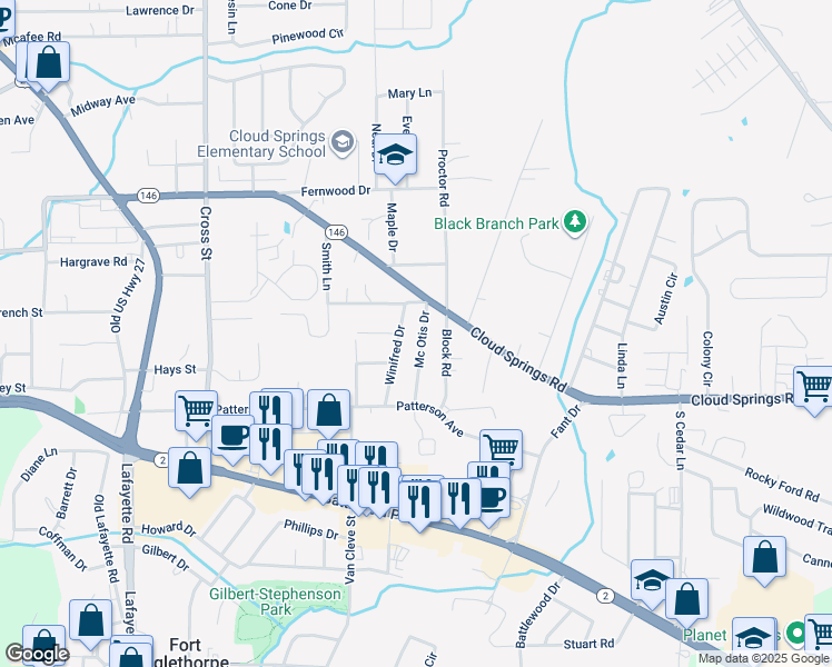 map of restaurants, bars, coffee shops, grocery stores, and more near 72 Mc Otis Drive in Fort Oglethorpe
