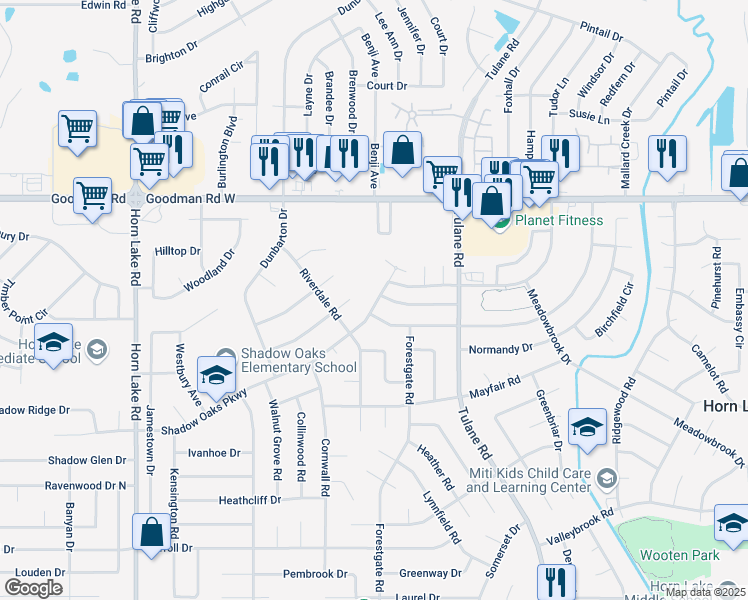 map of restaurants, bars, coffee shops, grocery stores, and more near 3390 Shadow Oaks Parkway in Horn Lake
