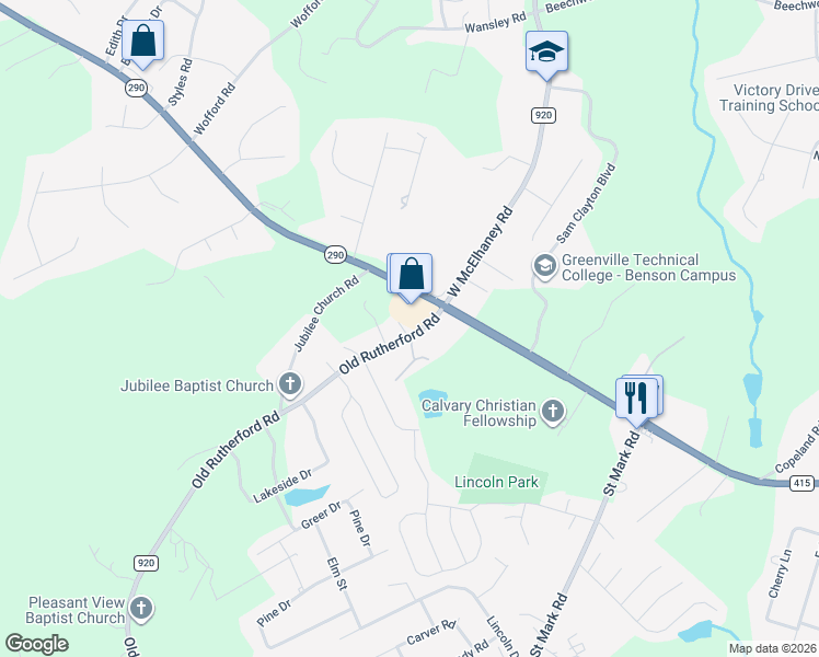 map of restaurants, bars, coffee shops, grocery stores, and more near 707 Old Rutherford Road in Taylors