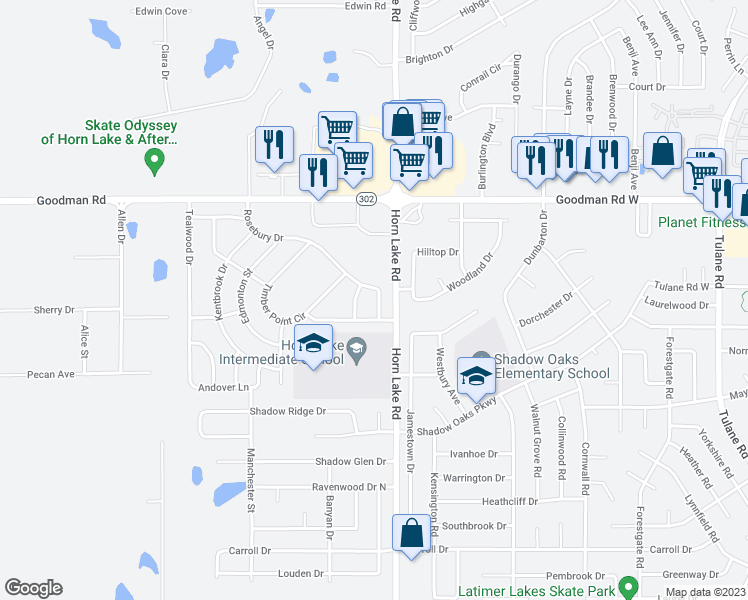map of restaurants, bars, coffee shops, grocery stores, and more near 6753 Hunter's Crossing Road in Horn Lake