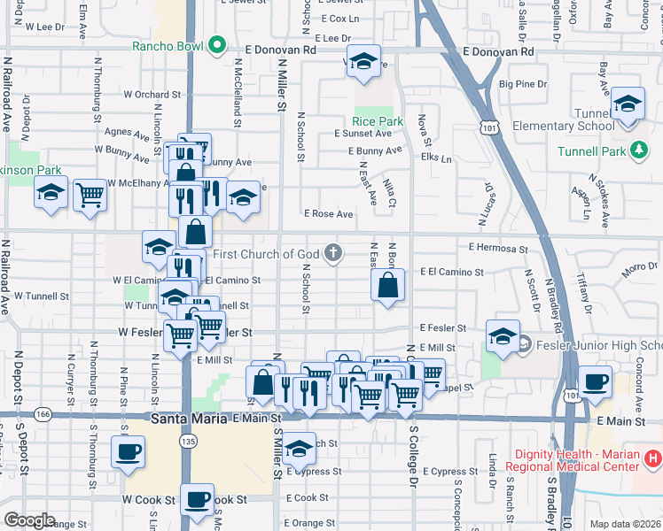 map of restaurants, bars, coffee shops, grocery stores, and more near 613 North Elizabeth Street in Santa Maria