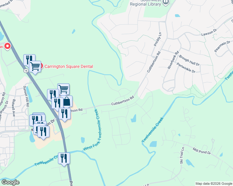 map of restaurants, bars, coffee shops, grocery stores, and more near 2122 Cuthbertson Road in Waxhaw