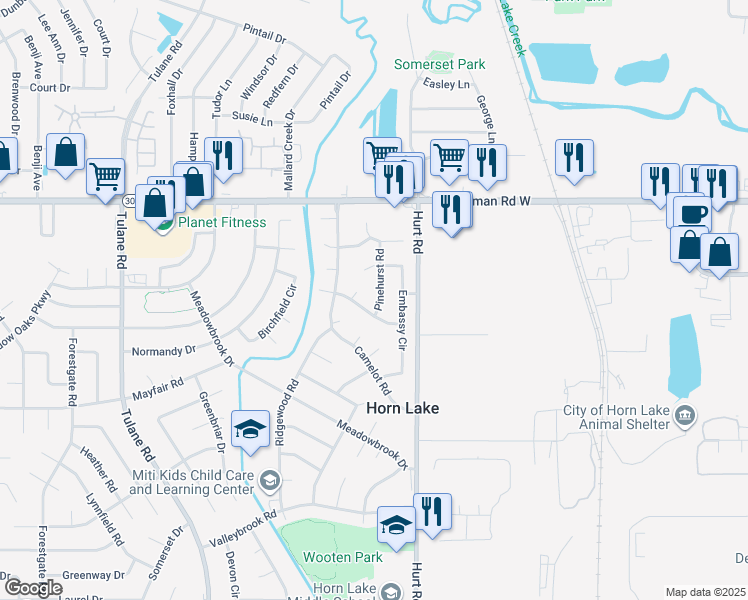 map of restaurants, bars, coffee shops, grocery stores, and more near 6755 Pinehurst Road in Horn Lake