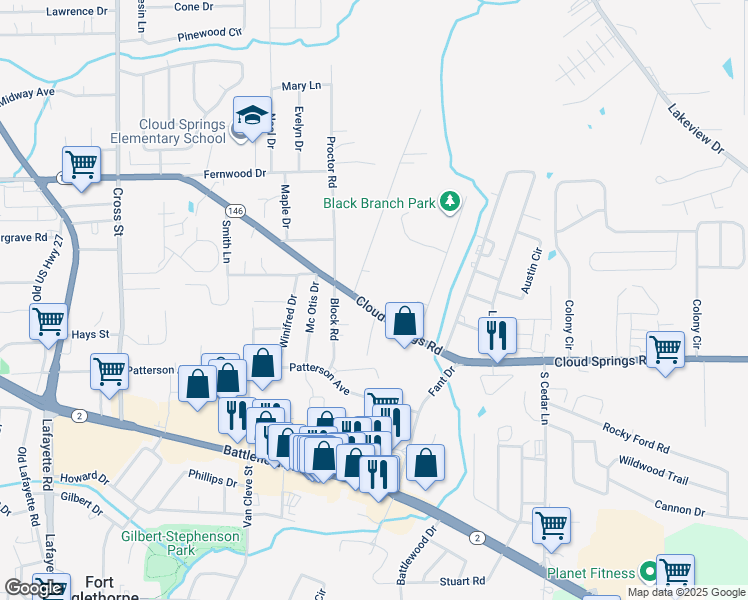 map of restaurants, bars, coffee shops, grocery stores, and more near 913 Cloud Springs Road in Rossville