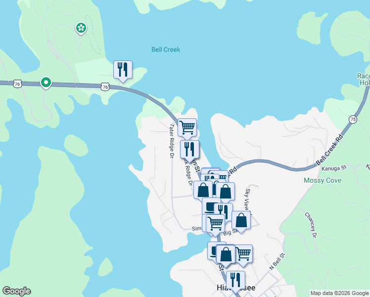map of restaurants, bars, coffee shops, grocery stores, and more near 814 North Main Street in Hiawassee
