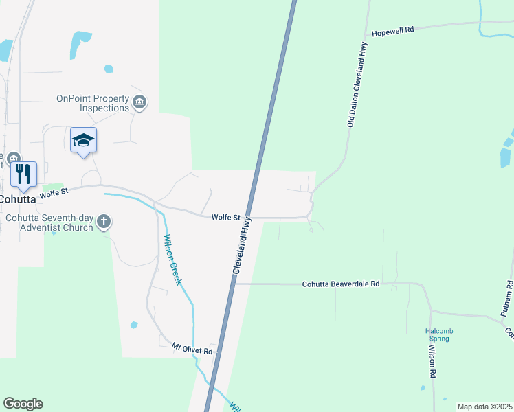 map of restaurants, bars, coffee shops, grocery stores, and more near 5112 Cleveland Highway in Cohutta