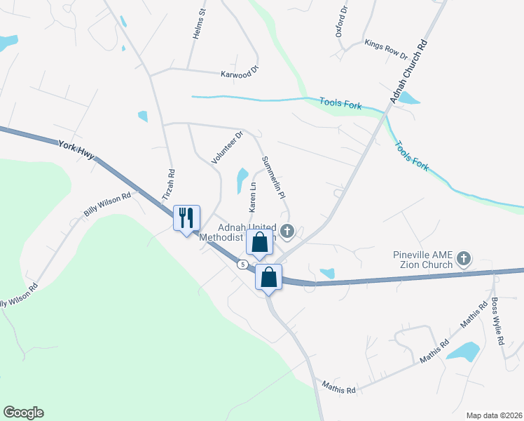 map of restaurants, bars, coffee shops, grocery stores, and more near 1246 Karen Lane in Rock Hill