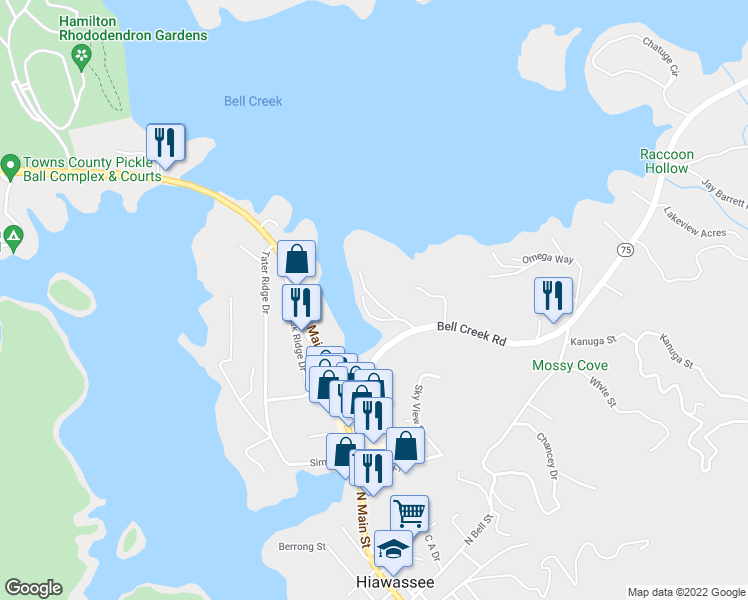map of restaurants, bars, coffee shops, grocery stores, and more near 765 Upper Thurman Drive in Hiawassee