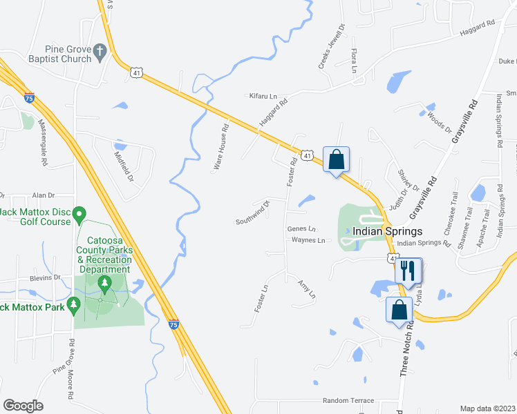 map of restaurants, bars, coffee shops, grocery stores, and more near 93 Joshua Farms Lane in Ringgold