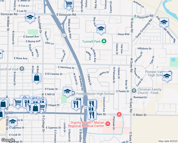 map of restaurants, bars, coffee shops, grocery stores, and more near 700 Tiffany Drive in Santa Maria